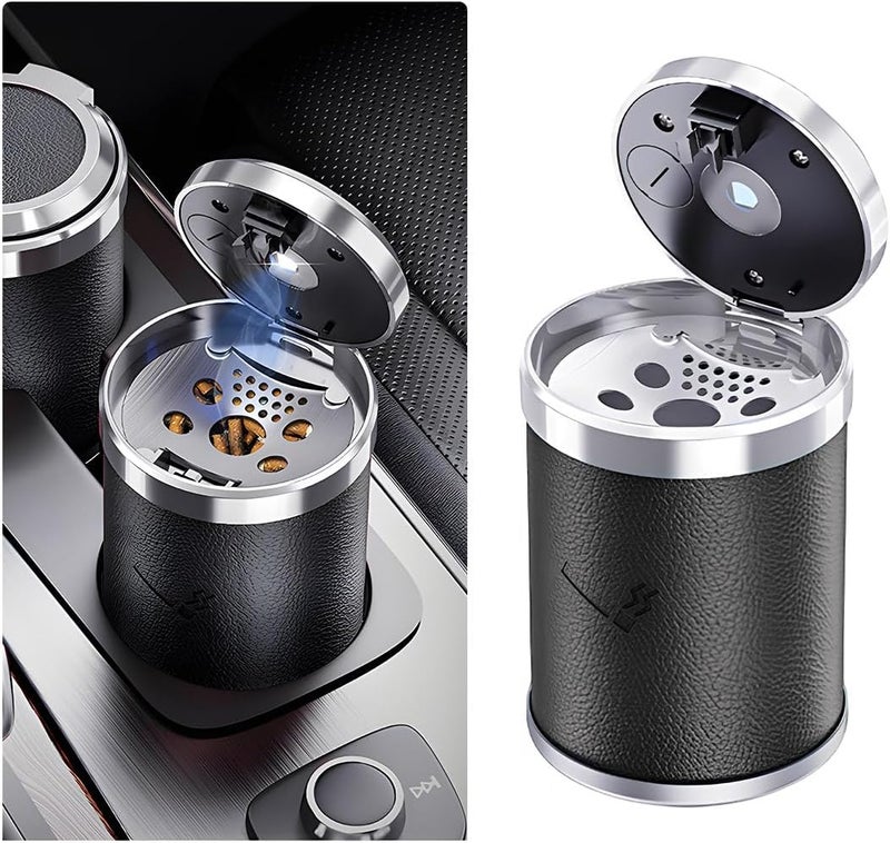 Wevdn Car Ashtray with Lid, Detachable & Portable Stainless Steel Smokeless Ashtrays for Car, Mini Universal Smell Proof Windproof Car Ashtray with LED Blue Light, Car Accessories (Black) - Image 1